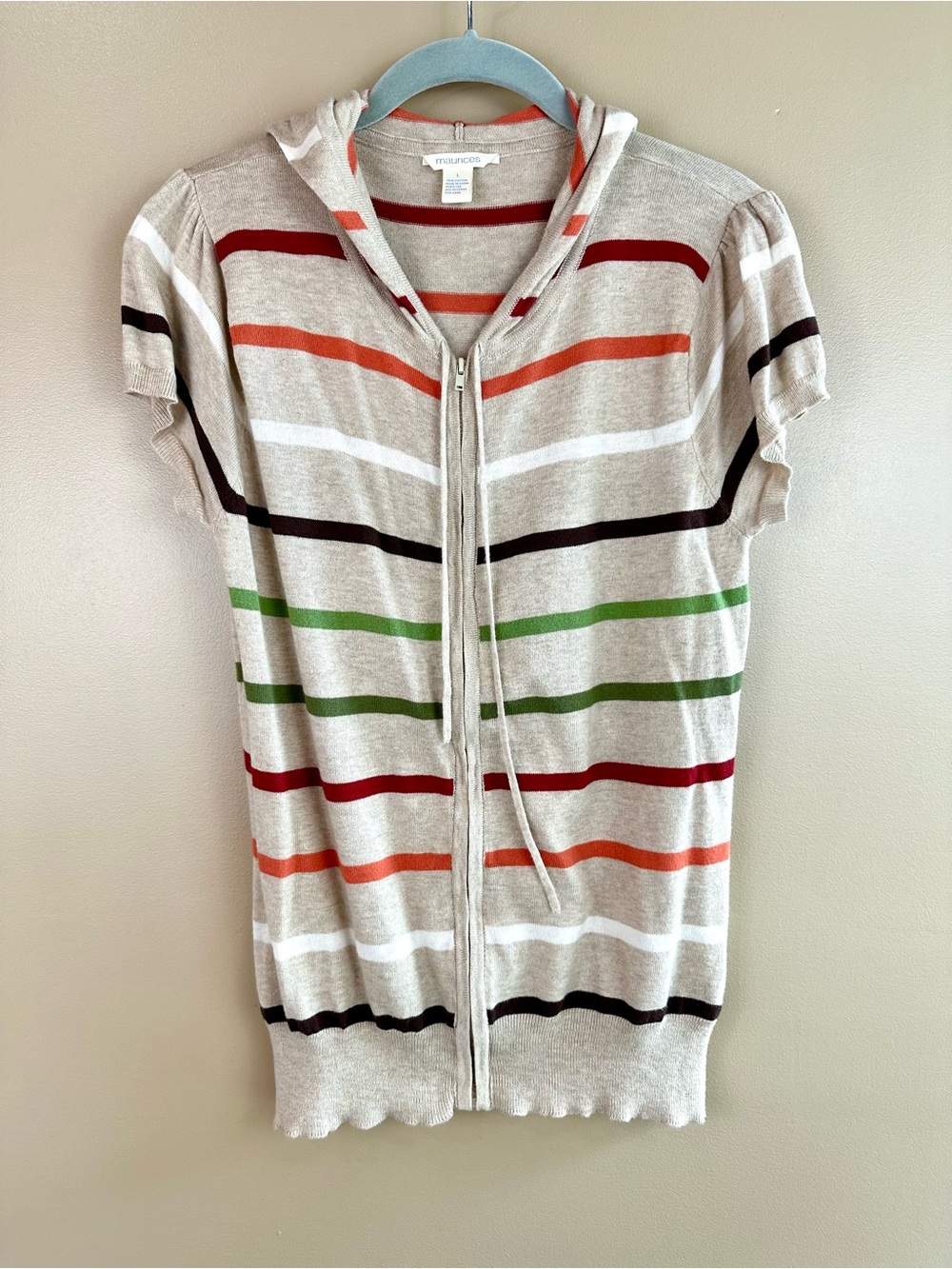 Maurices Striped Hooded Short Sleeve Cardigan Sweater Top Large 100% Cotton